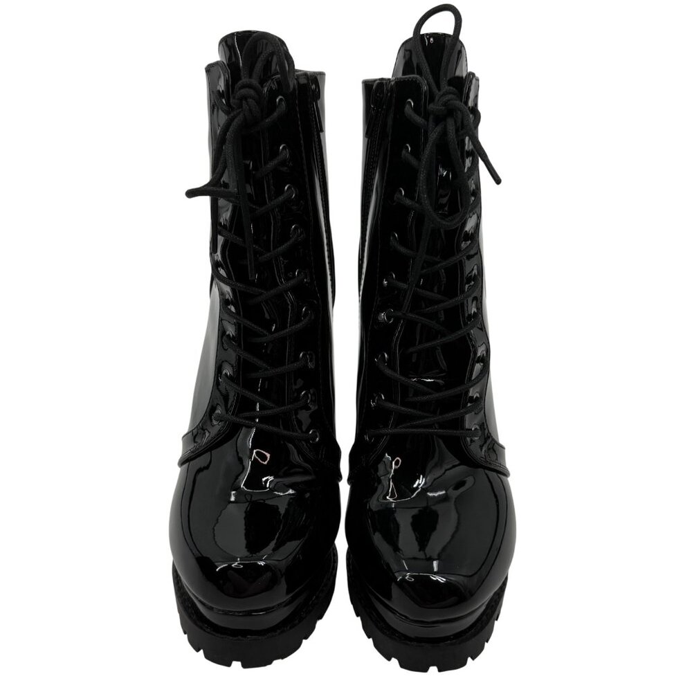 Black Faux Patent Leather Lug Sole Platform Heel Boots 10 | Baddie Dark Romance - Picture 15 of 16